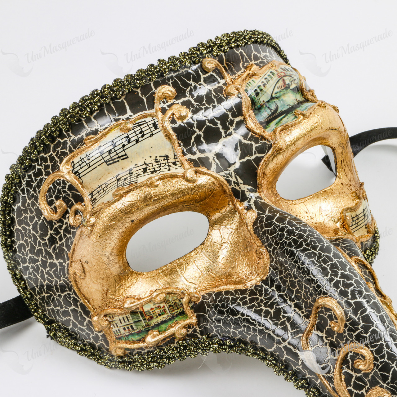 Musical Venetian Mardi Gras Men Long Nose Masquerade Mask - Gold Black