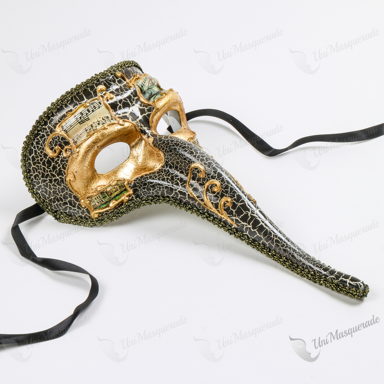 Musical Venetian Mardi Gras Men Long Nose Masquerade Mask - Gold Black