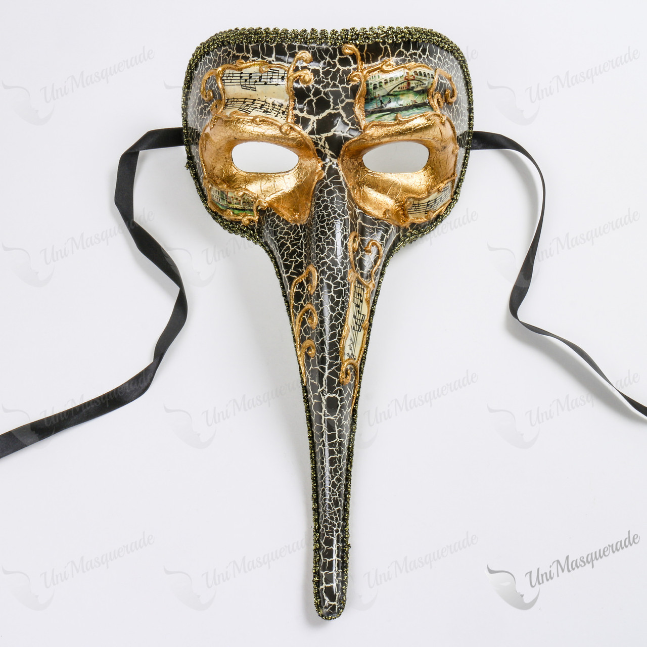 Musical Venetian Mardi Gras Men Long Nose Masquerade Mask - Gold Black