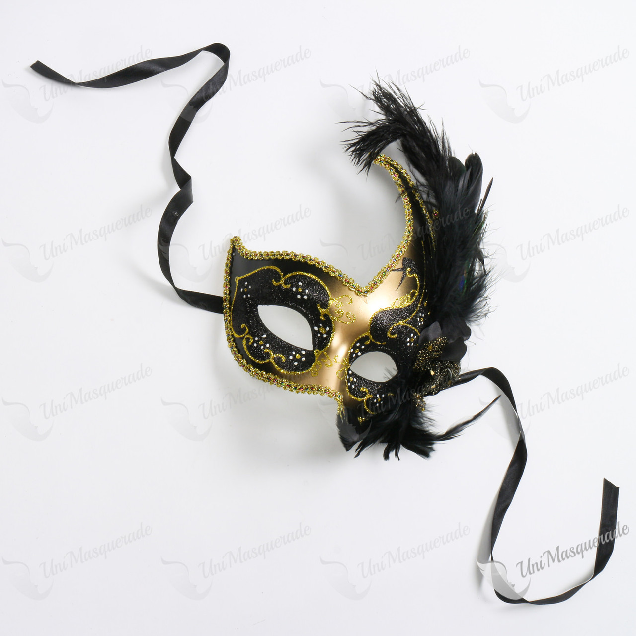 Swan Colombina Black Side Feather Gold Masquerade Mask