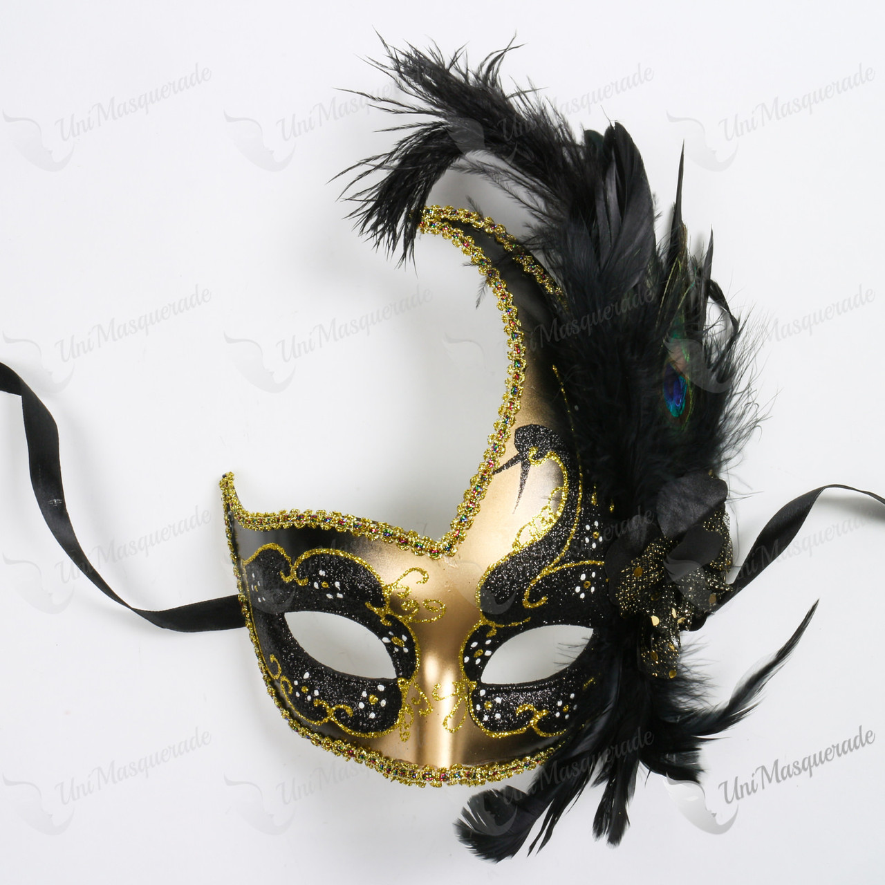 Swan Colombina Black Side Feather Gold Masquerade Mask