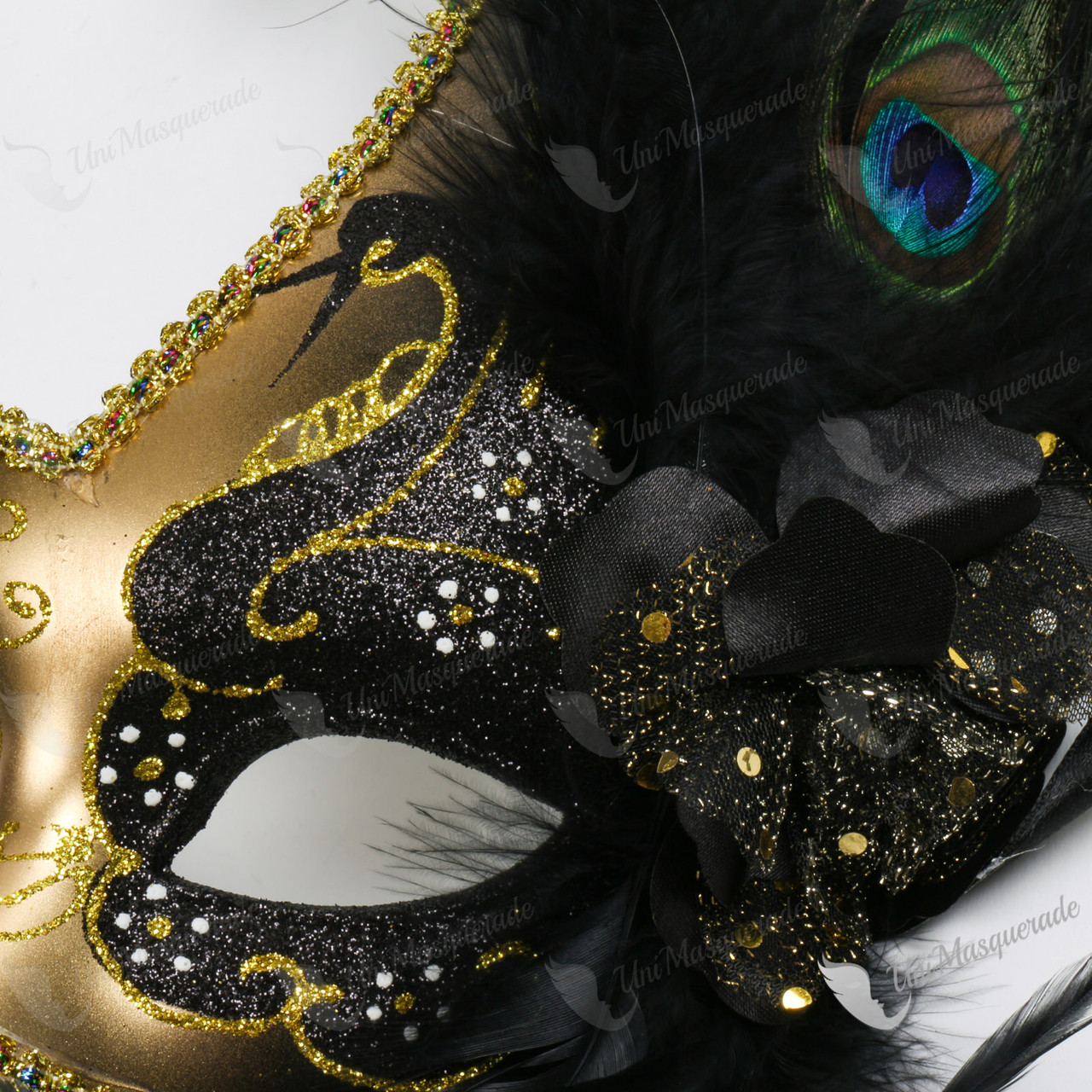 Swan Colombina Black Side Feather Gold Masquerade Mask