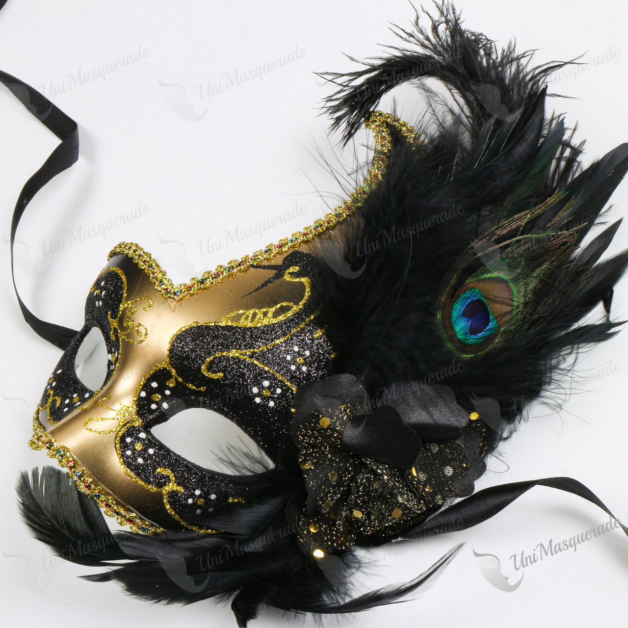 Swan Colombina Black Side Feather Gold Masquerade Mask