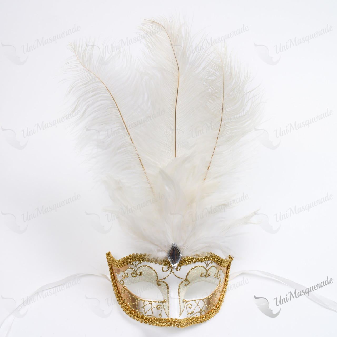 Venetian Glitter Crystal Masquerade Party Mask with Feather - White Gold