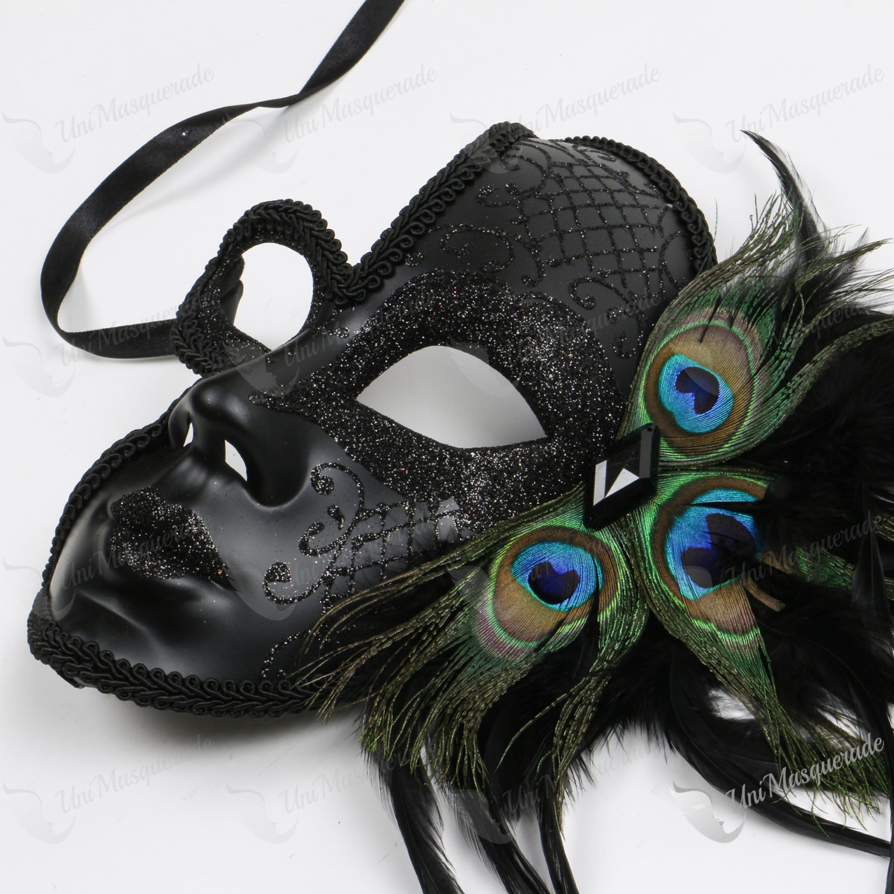 Mezzo Volto Black Glitter Masquerade Mask with Peocock Side Feather