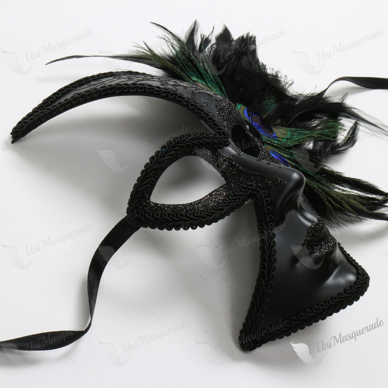 Mezzo Volto Black Glitter Masquerade Mask with Peocock Side Feather