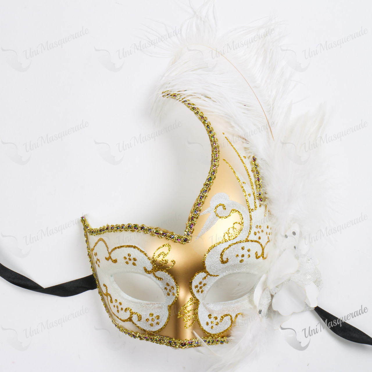 Feather Masquerade Mask, Mardi Gras Mask, Gold & White Mask With