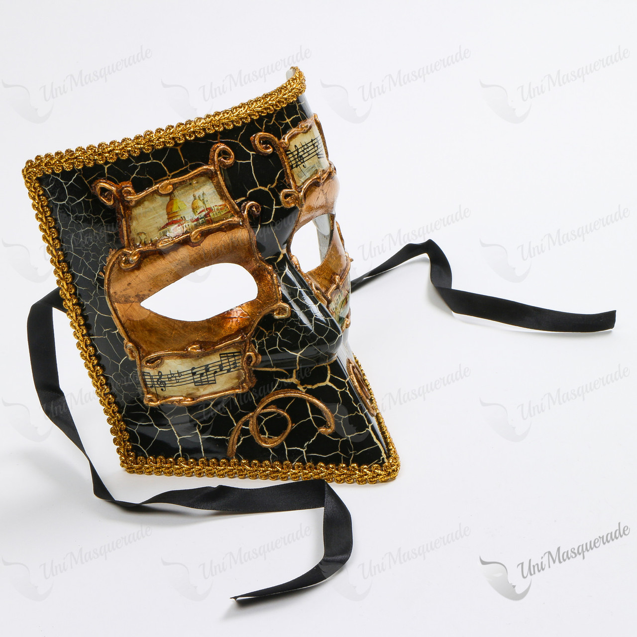 Bauta Black Crackle Face with Gold Dcor Masquerade Mask