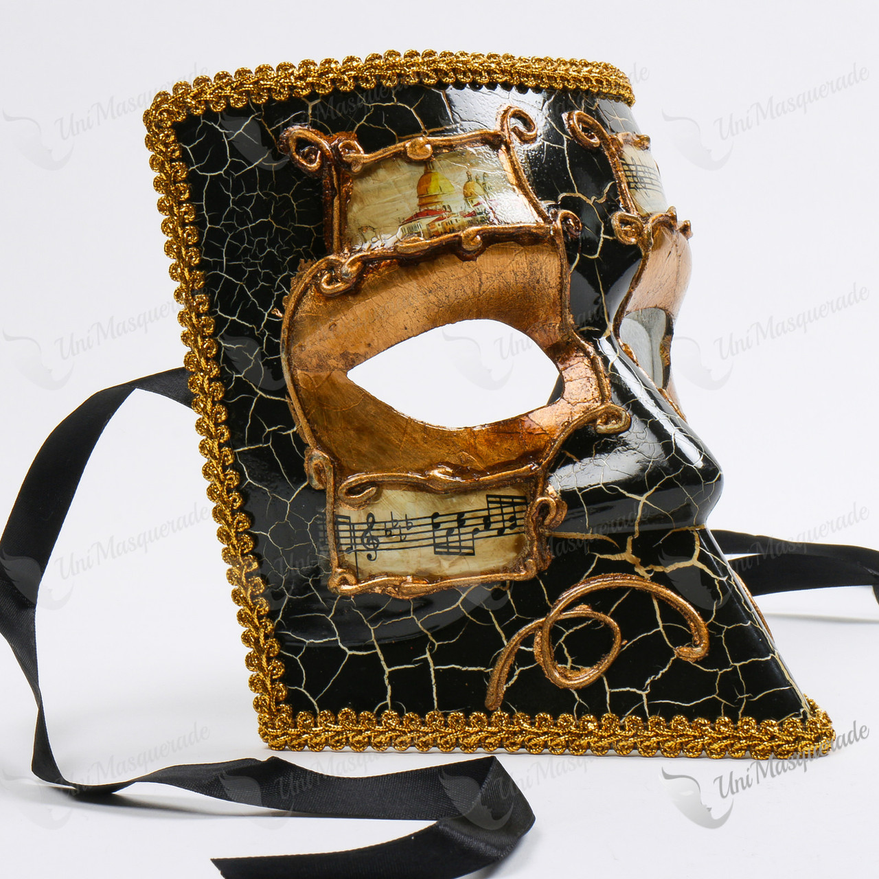Bauta Black Crackle Face with Gold Dcor Masquerade Mask