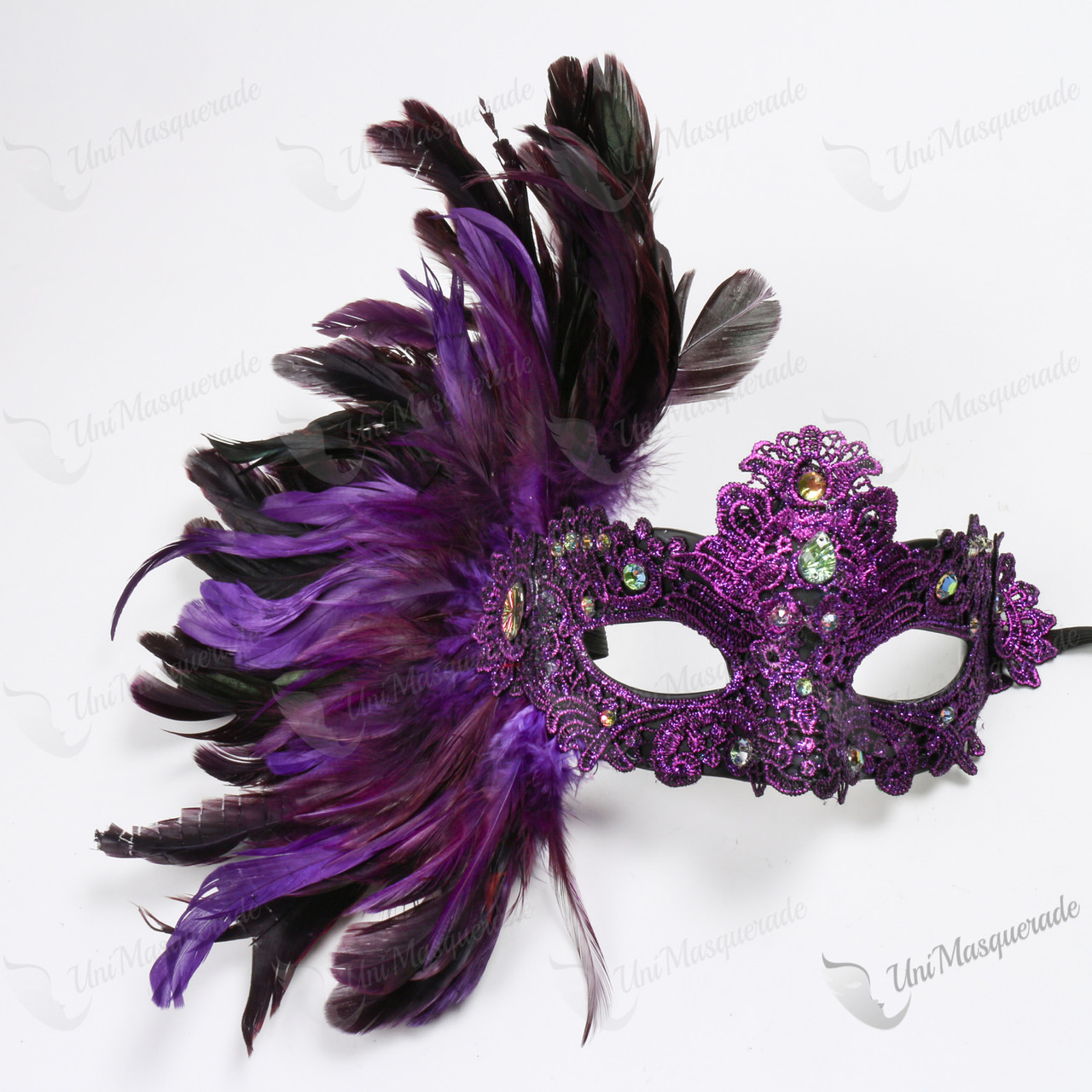 Venetian Mask with Coque & Peacock Feathers Purple