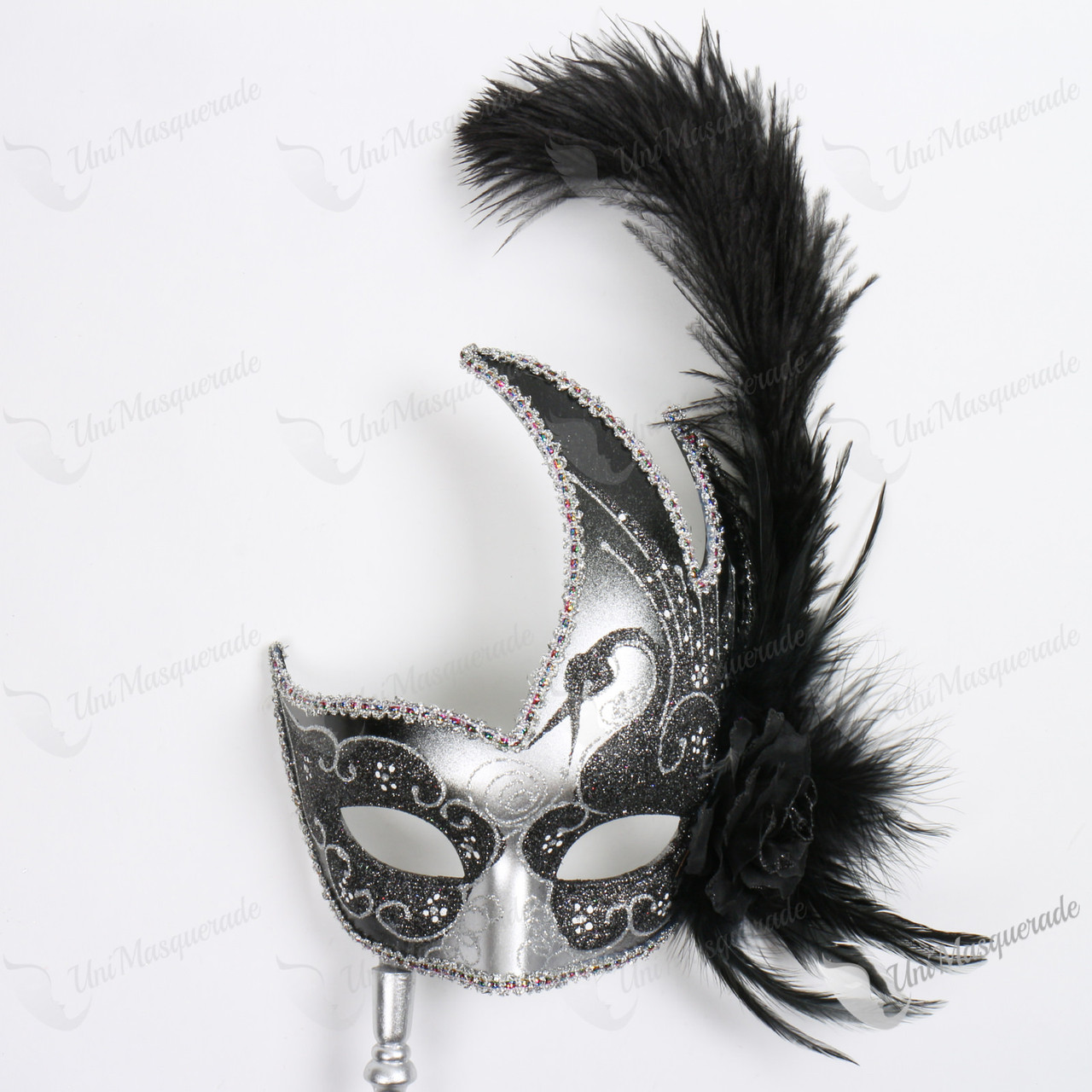 Swan Colombina Black Side Feather Silver Masquerade HandHeld Stick Mask