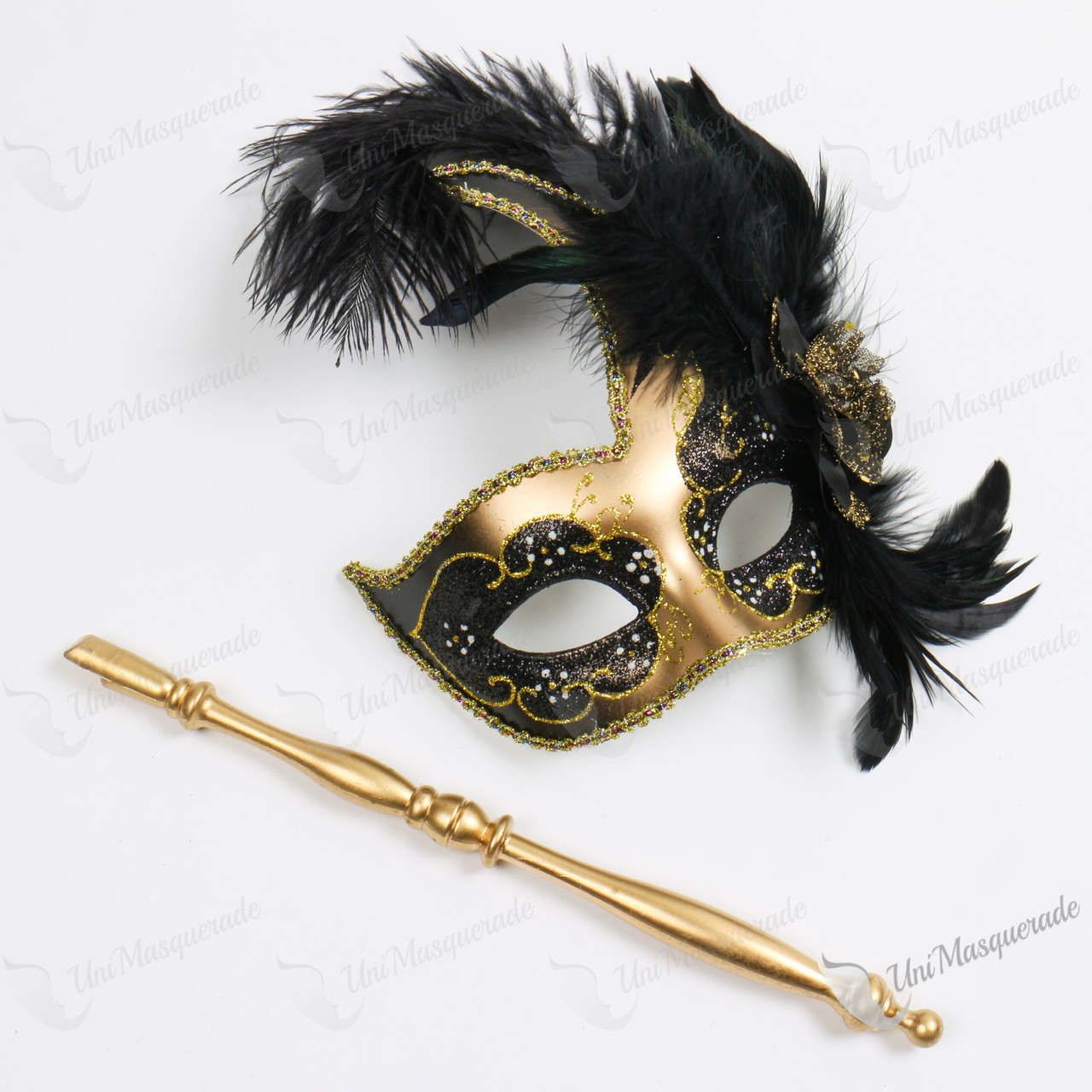 Venetian Side Feather Masquerade Mask with Stick - Gold