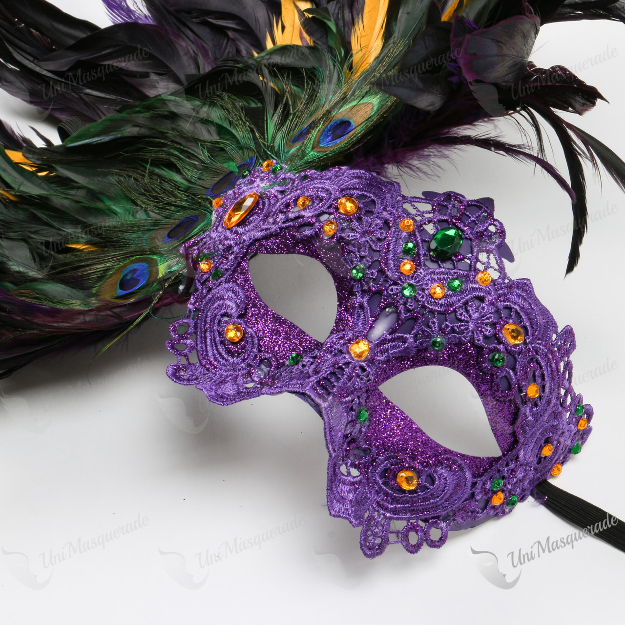 Venetian Carnival Laces Luxury Eye Mask with Side Feather Mardi Gras