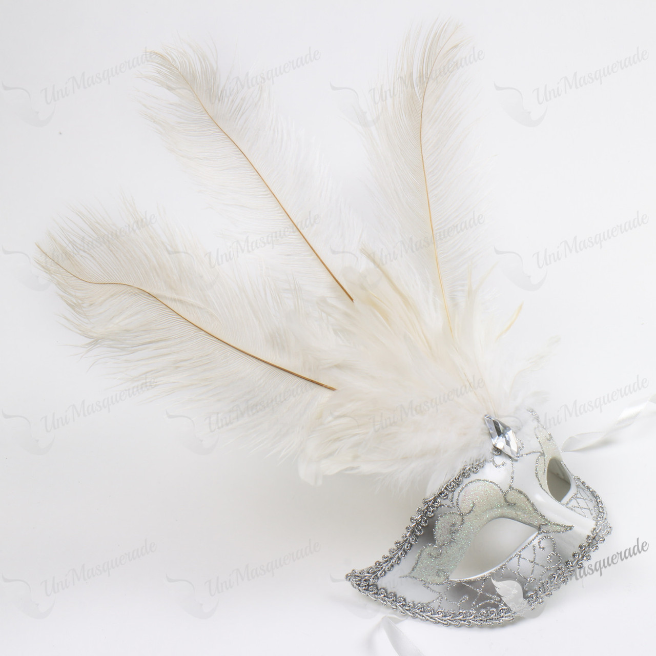 Colombina Venetian with White Tall Feather Silver Mask