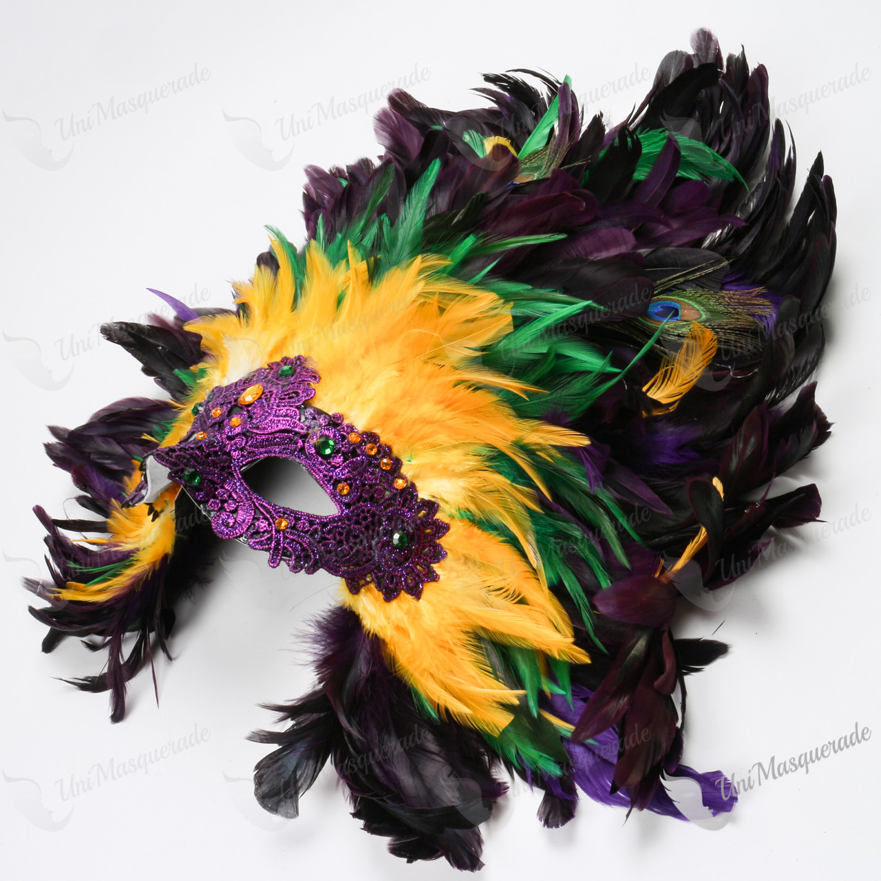 Venetian Carnival Large Feather Masquerade Mask Mardi Gras Yellow Purple Green