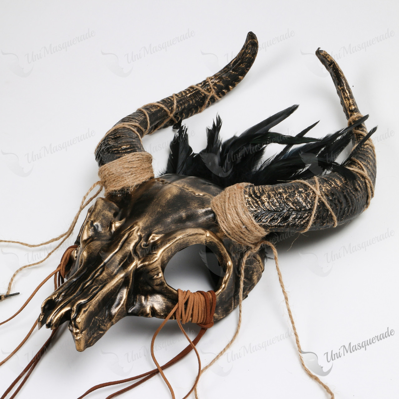 Animal Skull Gold OX Bull Black Horn with Top Feather Masquerade Mask
