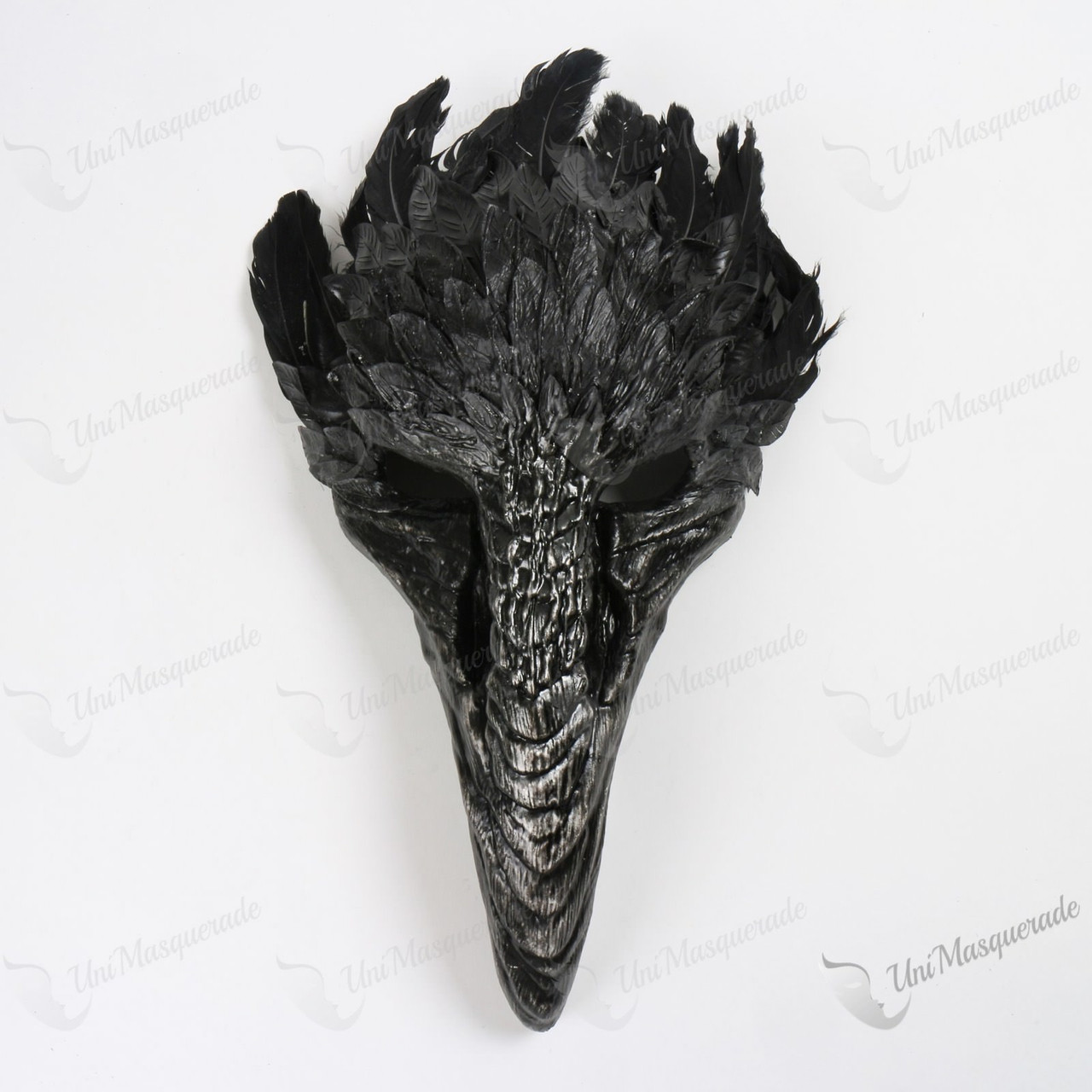 Plague Doctor Raven Long Nose Mask with Feather - Black
