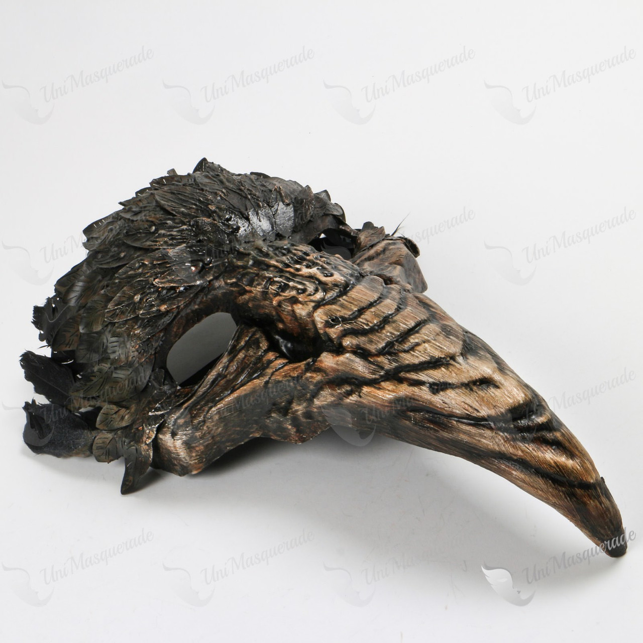 Plague Doctor Raven Long Nose Mask with Feather - Black Brown