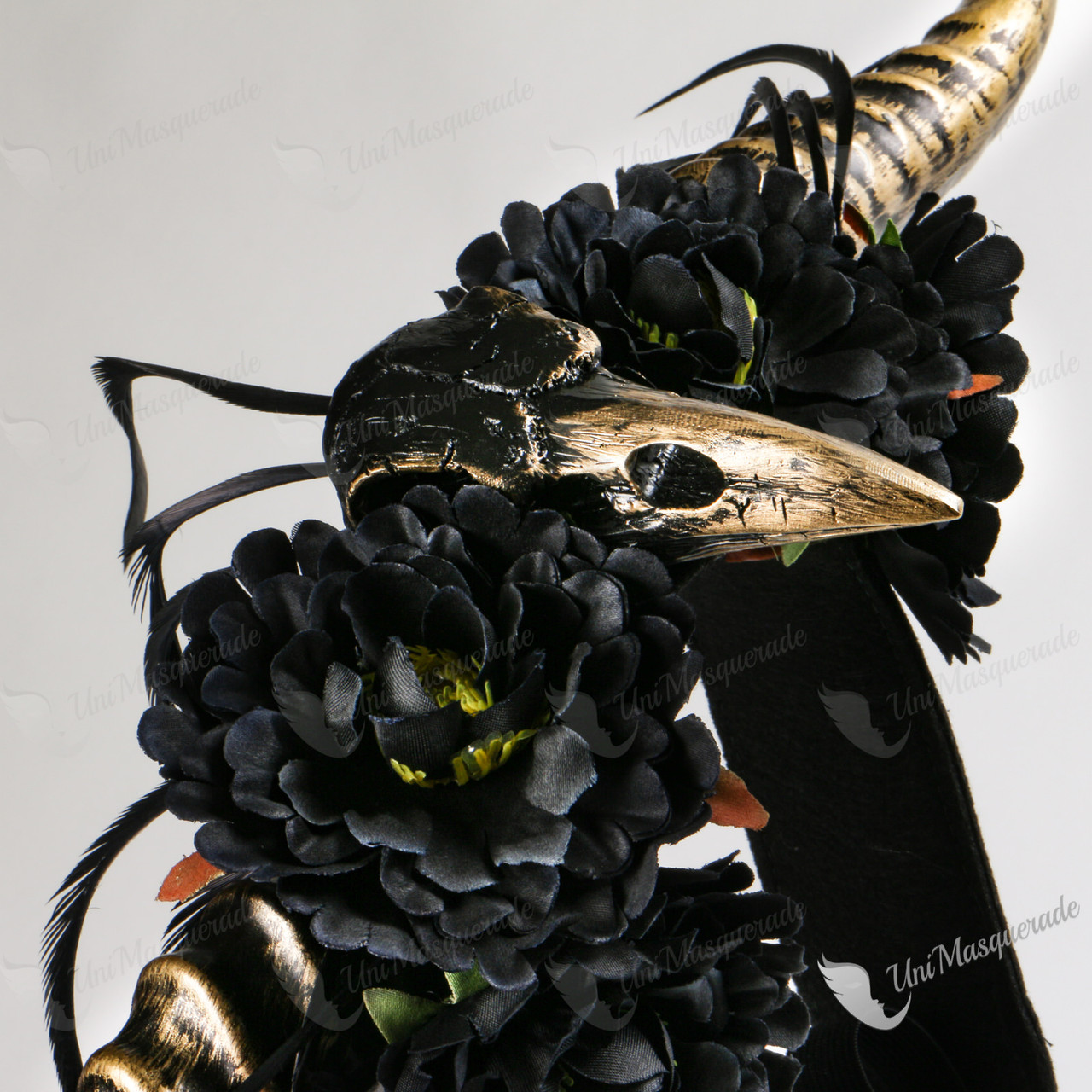 Gothic Long Gold Ram Horns Floral HeadBand Black