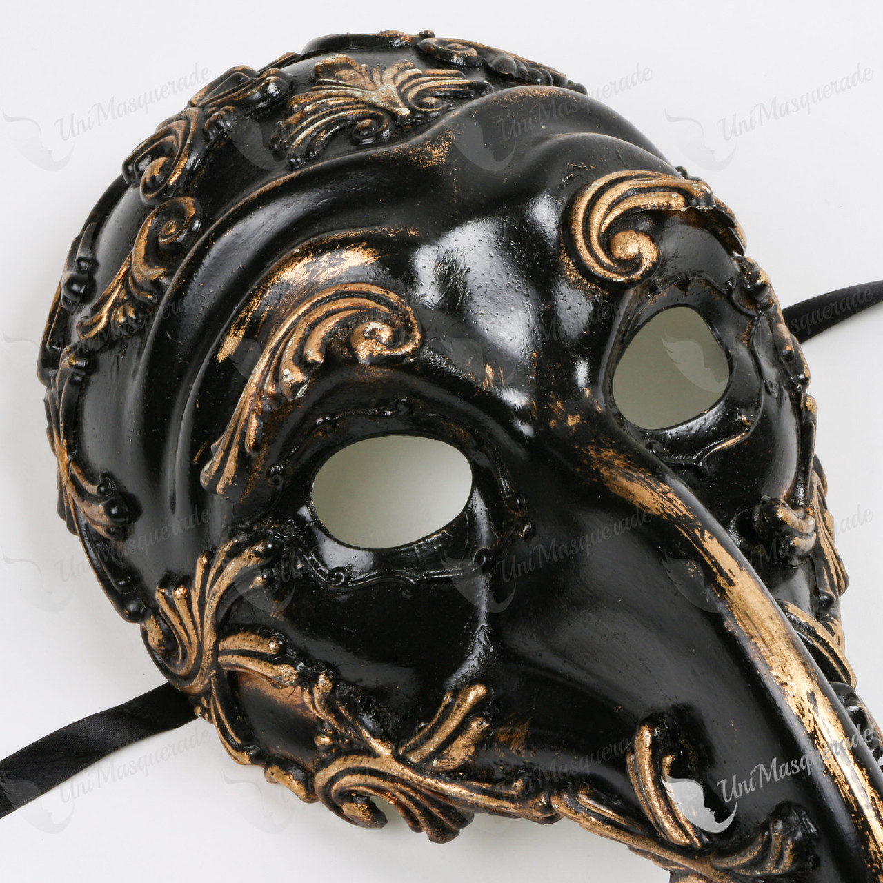 Plague Doctor Curved Long Nose Venetian Mardi Gras Masquerade Mask Black Gold
