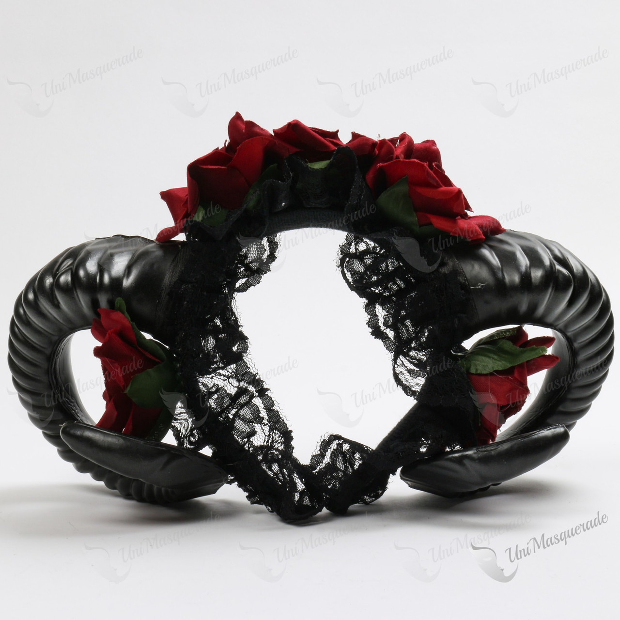 Gothic Twisted Black Ram Horns Laces Headband with Red Rose