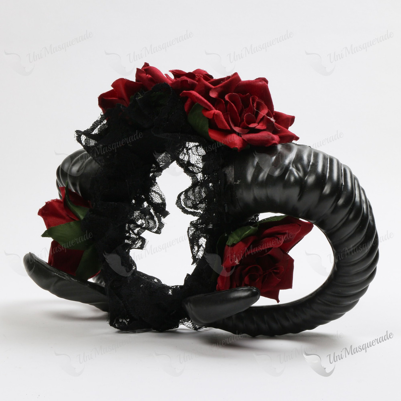 Gothic Twisted Black Ram Horns Laces Headband with Red Rose