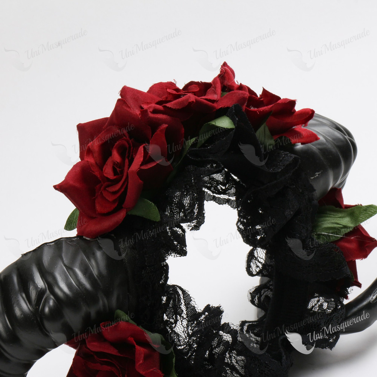 Gothic Twisted Black Ram Horns Laces Headband with Red Rose