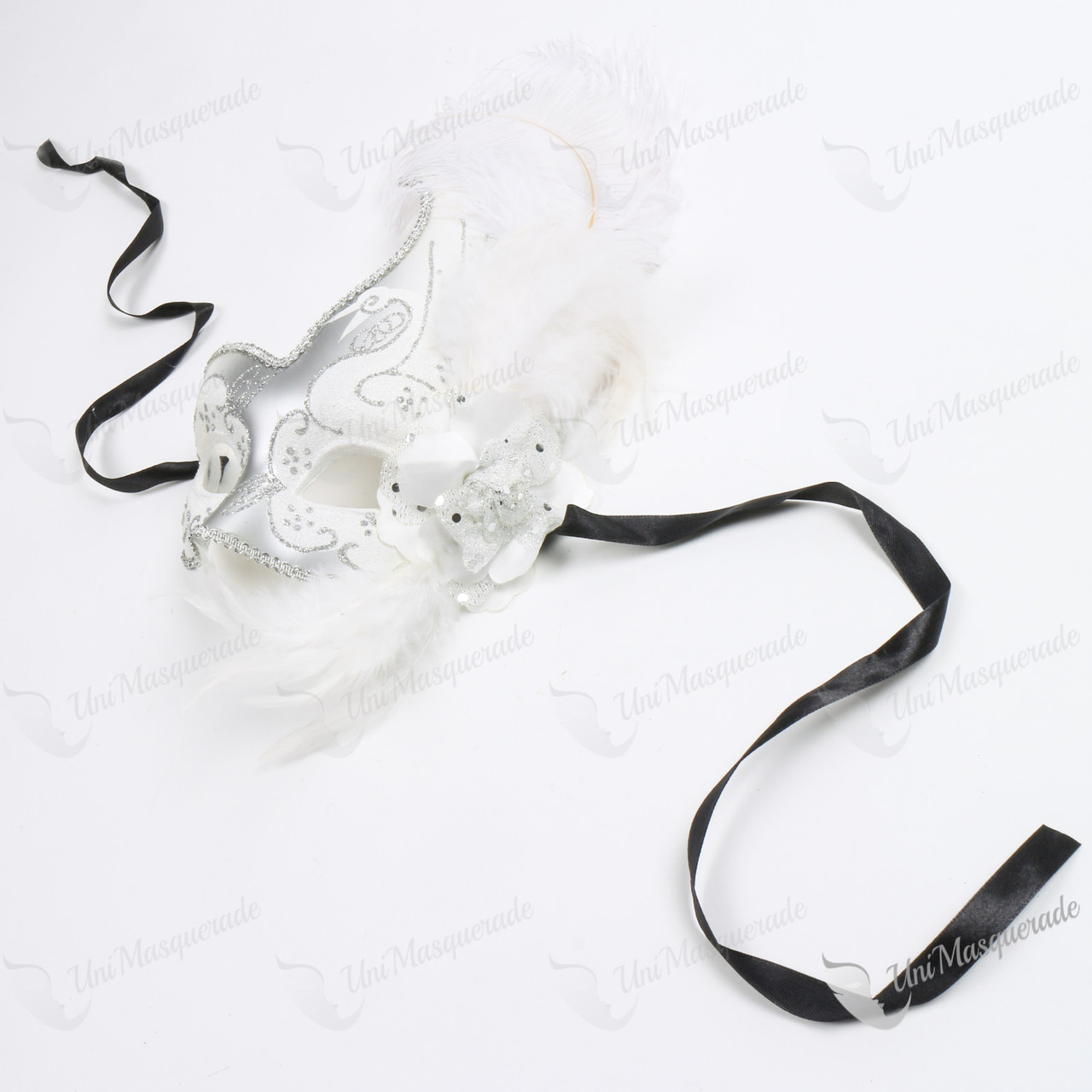 Swan Colombina White Side Feather Silver Masquerade Mask