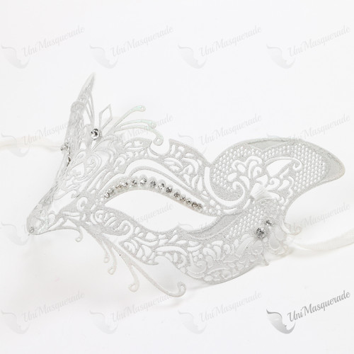 Venetian Fox Masquerade Mask With Rhinestones and Bling - White