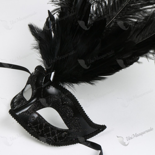 Colombina Venetian with Black Tall Feather Black Mask