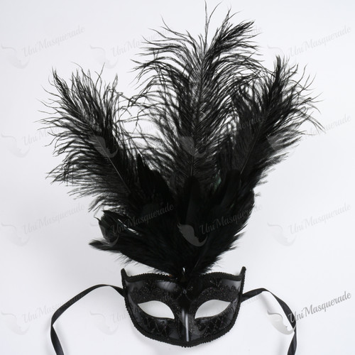 Venetian Glitter Crystal Masquerade Party Mask with Feather - Black