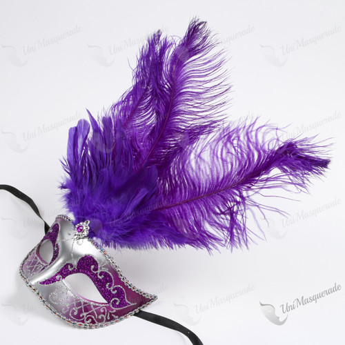Colombina Venetian with Purple Tall Feather Silver Mask