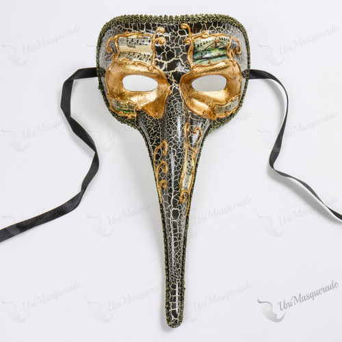 Musical Venetian Mardi Gras Men Long Nose Zanni Mask - Gold Black