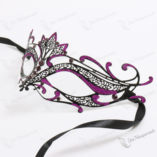 Laser Cut Metal Venetian Masquerade Purple Rhinestone Mask - Black