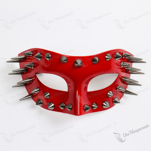 Skull Steampunk Spike Top Masquerade Mask - Glossy Red