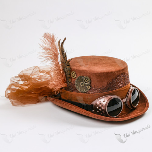 Steampunk Victorian Goggles Top Hat with Feahter Lace Brown