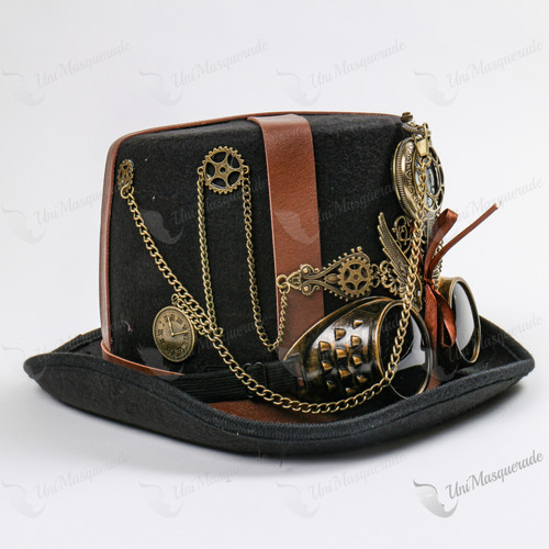 Steampunk Top Hat with Goggles & Pocket Watch Decor Black
