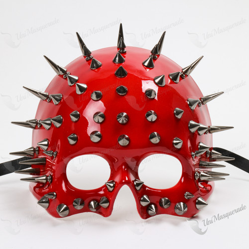 Skull Steampunk Spike Top Masquerade Mask - Glossy Red