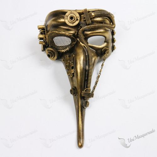 Steampunk Mardi Gras Men Long Nose Zanni Mask - Gold Black