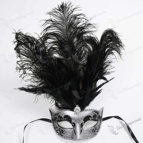 Venetian Glitter Crystal Mardi Gras Mask with Peacock Large