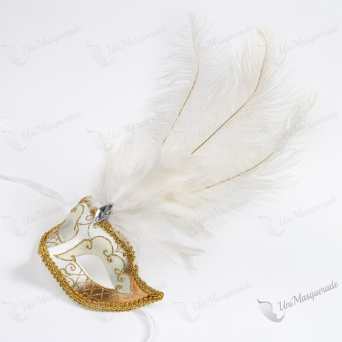 Colombina Venetian with White Tall Feather Gold Mask