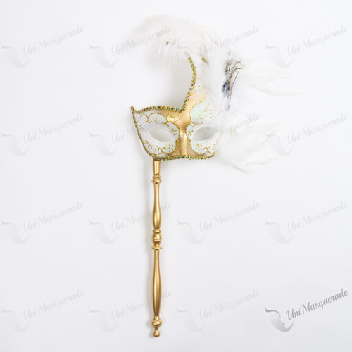 Swan Colombina White Side Feather Gold Masquerade HandHeld Stick Mask