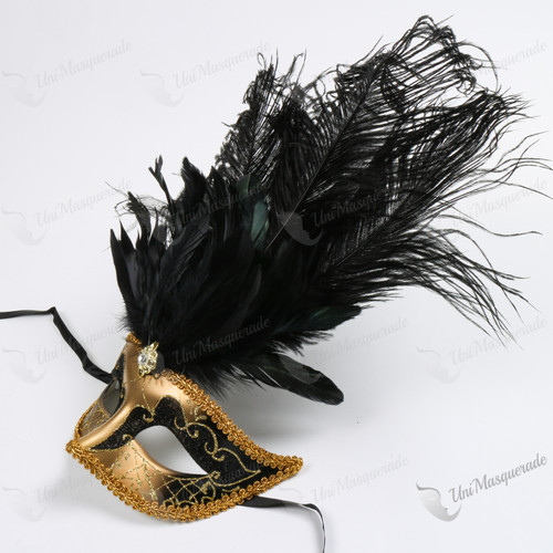 Colombina Venetian with Black Tall Feather Gold Mask