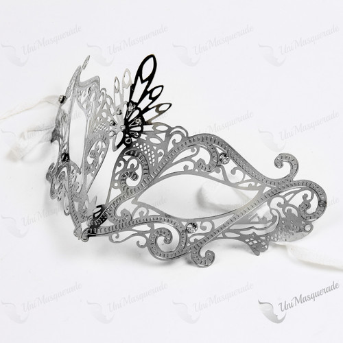 Venetian Masquerade Laser Cut Mask Silver Rhinestone - Silver