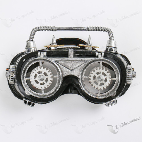 Steampunk Goggles Eye Mask Costume with Spike Gears & Flip Up Glasses - Black Silver