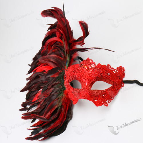 Venetian Carnival Laces Luxury Eye Mask with Side Feather Red