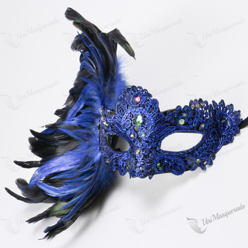 Venetian Carnival Laces Eye Mask with Side Feather Blue