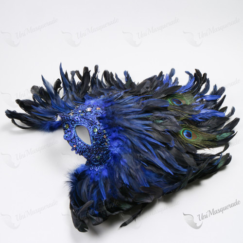Venetian Carnival Laces Top Feather Luxury Eye Masquerade Mask Blue