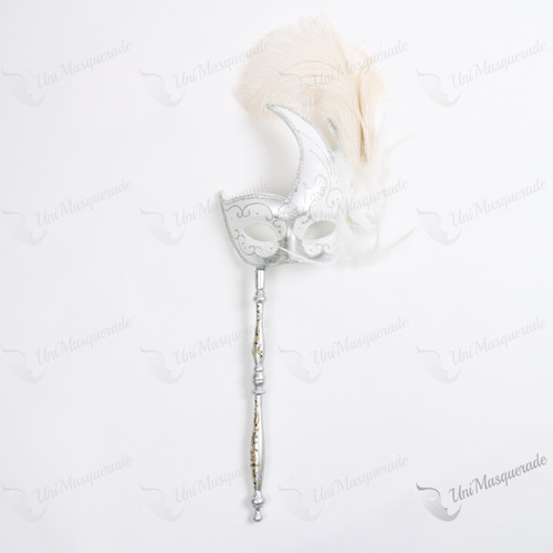 Swan Colombina White Side Feather Silver Masquerade HandHeld Stick Mask