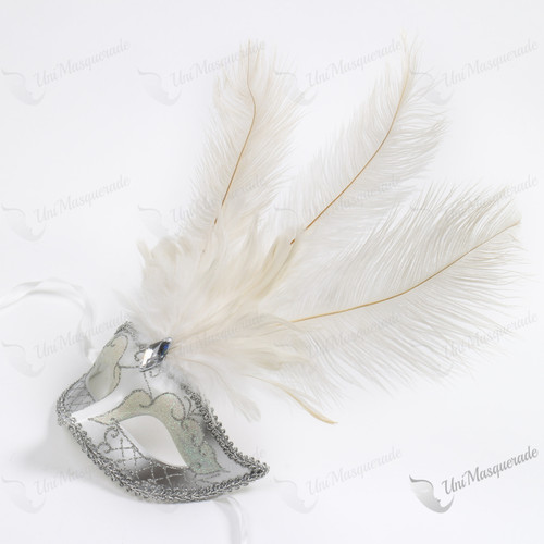 Colombina Venetian with White Tall Feather Silver Mask